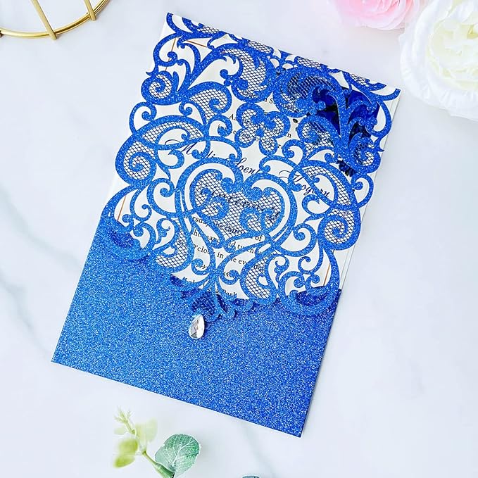 Hosmsua 50pcs Personalized Wedding Invitation Kit 5.12 x 7.3 Inch Royal Blue Laser Cut Flora Rehearsal Wedding Invitations with Envelopes for Quinceañera Bridal Shower Invite