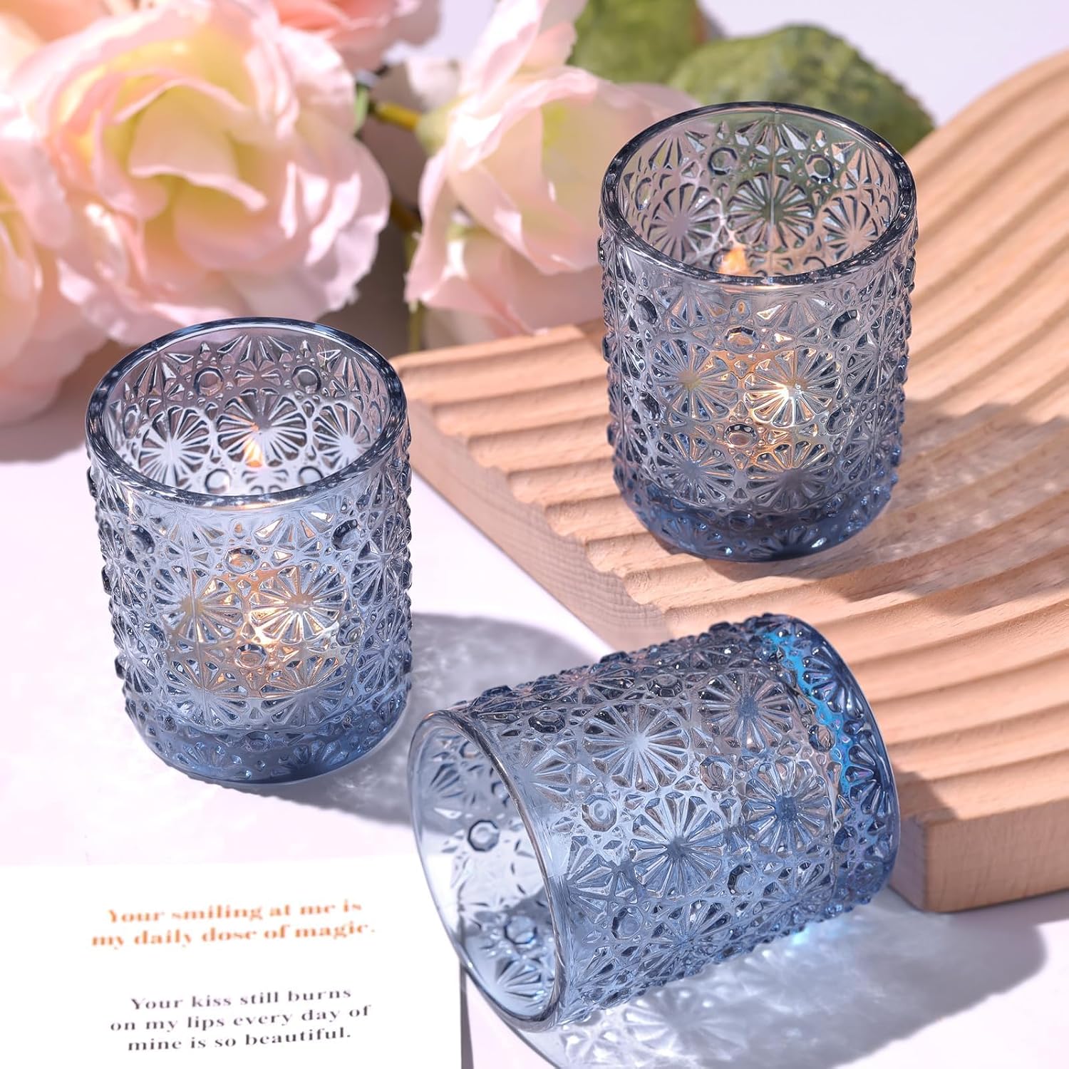 Lanttu 12 Pack Blue Votive Candle Holders 2.2"*2.6" Tealight Candle Holder | for Wedding Table Centerpieces, Birthday Parties, Home Decor, Blue Bridal Shower and Holiday Decorations