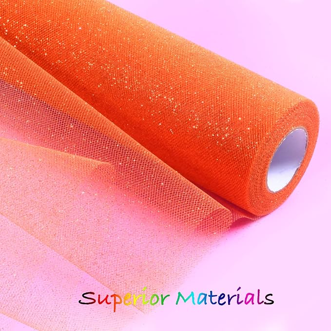 Sparkling Tulle Rolls, 15” by 30 Yards (90FT) Glitter Tulle Spool Ribbon Fabric for Wedding Birthday Bridal Shower Tutu Skirt Party Gift Wrapping (Orange)