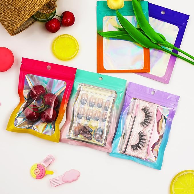 Funfery 100 Pack Gradient Holographic Bags,Mylar Resealable Bags with Zipper,Clear Window Packaging Pouchs,Foil Smell Proof Bag for Food Storage,Sample Jewelry Baggies(4×6In,Green Pink)