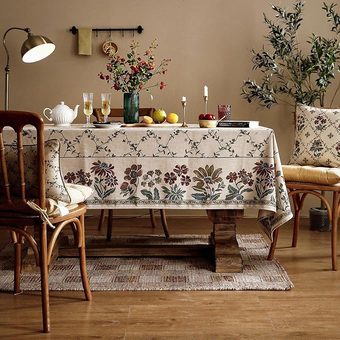 patdrea Designer Linen French Tablecloth for Rectangle Table,Fall Country Breathable Floral Extra Long Tablecloths,Table Cover for Kitchen Dining,Christmas,Thanksgiving,67"x118"-Oliveirad