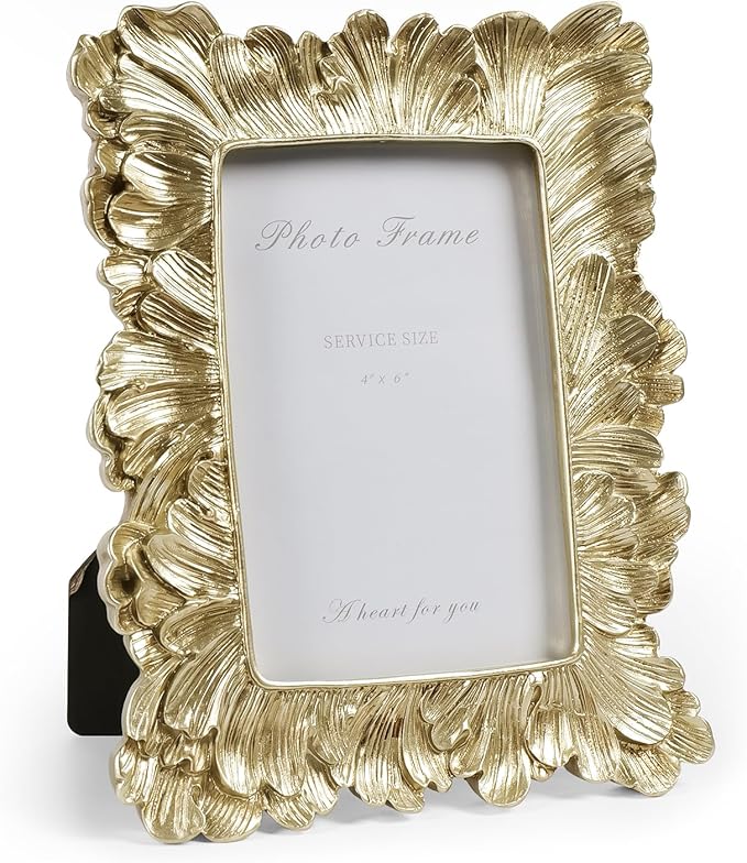Cuspin Vintage Picture Frame 4x6 Frames, Gold Palm Leaves Textured Hand-Crafted Resin with Glass Front Elegant Retro Vintage Design Photo Frame for Wall and Tabletop Display Home Decor