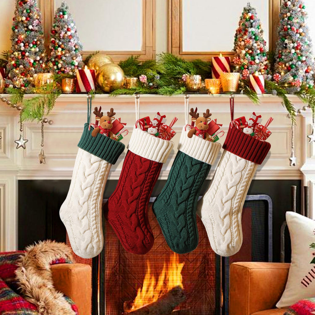 Christmas Stockings 18 Inches Classic Cable Knitted Set Large Classic Fireplace Hanging Stockings for Kids,Family Stocking Holiday Party Xmas Decoration（Red White,4Pack）