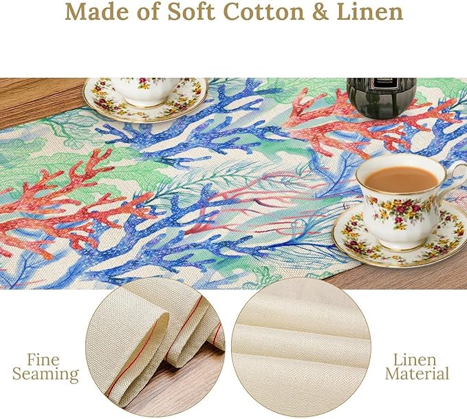 Summer Shell Starfish Table Runner, Seasonal Spring Summer Tropical Ocean Beach Indoor Party Kitchen Outdoor Table Decor 13x108 Inch