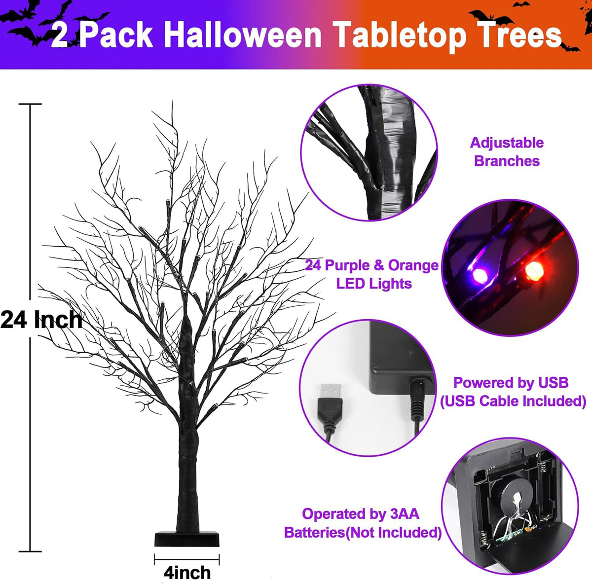 [Timer] 2 Pack Halloween Decorations Indoor, 24 Inch Halloween Tree with 24 O...