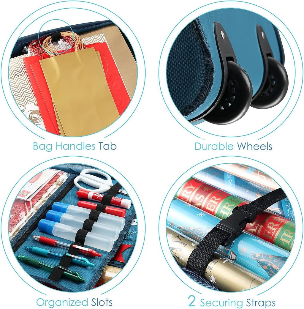 Hearth & Harbor Wrapping Paper Storage Container with Ribbon Dispenser and Interior Pockets - Large Christmas Storage Containers with Wheels, Fits 30 Rolls of 40" Length, Blue