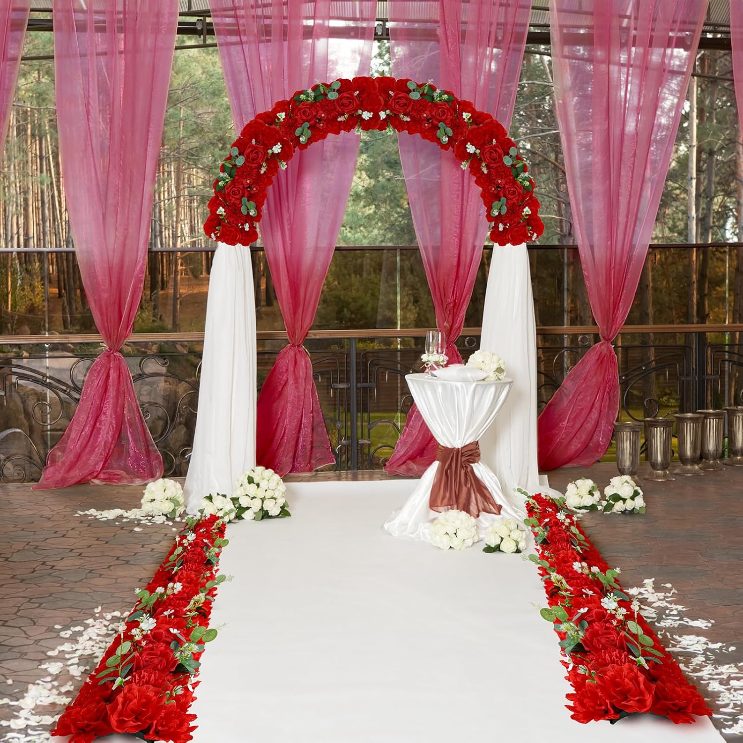 Wedding Arch Flowers 12PCS Artificial Red Wedding Arch Flowers, Faux Floral Panels with Green Leaves, Realistic Flower Swags for Wedding Ceremony Backdrop, Party, Table & Home Decor