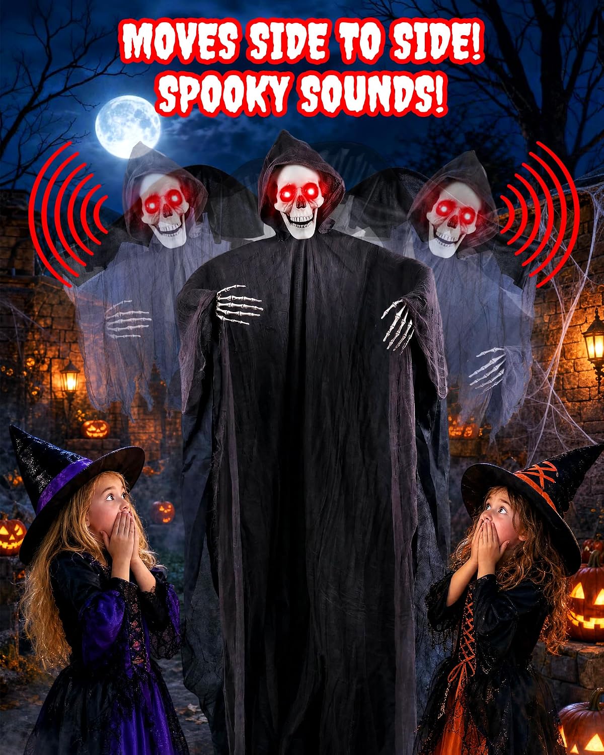 74'' Sound Activated Animatronics Skeleton, Outdoor Halloween Skeleto...