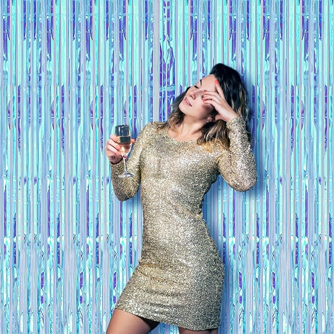 4 Pack 3.3x8.2 Feet Neon Iridescent Foil Fringe Backdrop Curtains, Tinsel Streamers Birthday Party Decorations, Fringe Backdrop for Graduation, Baby Shower, Gender Reveal, Disco Party
