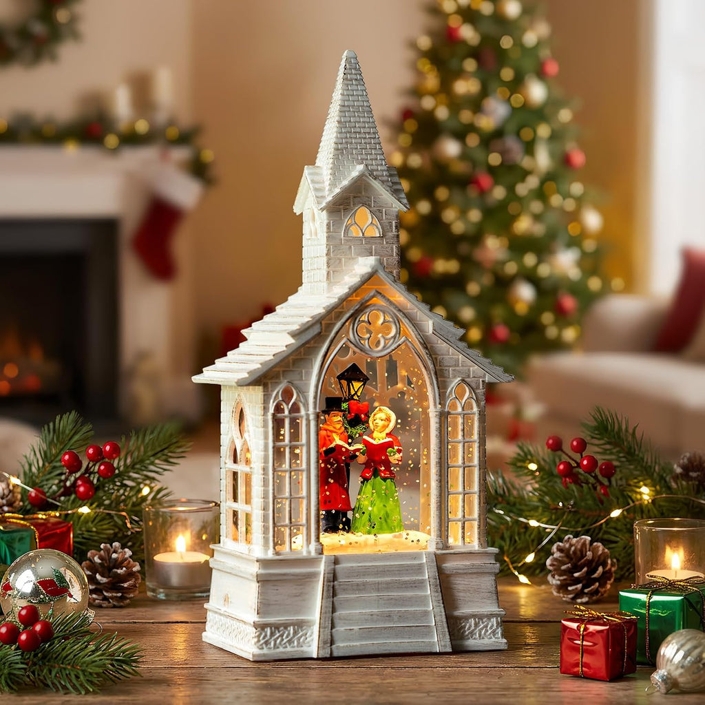 Christmas Snow Globe Lantern Musical Carolers Lighted Water Church, USB Lined/Battery Operated Lighted Lantern for Christmas Festival Decoration Gifts