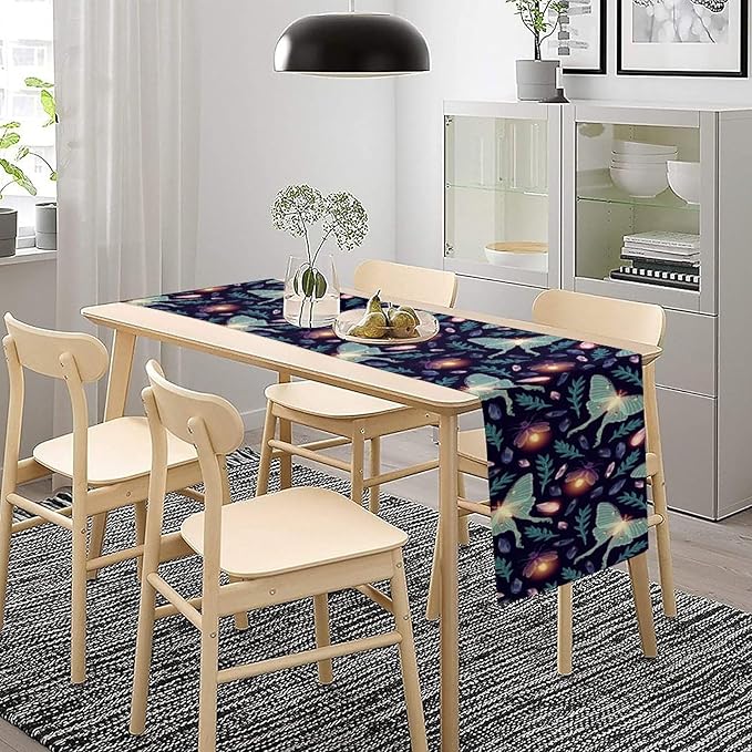 Moth Table Runner, Retro Boho Aesthetic Blue Moth Magic Table Runner for Home Kitchen Dining Party Indoor Outdoor Decoration 13x90 Inch
