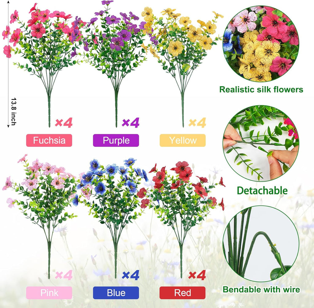 Ouddy Decor 24 Bundles Artificial Flowers for Outdoors Fake Silk Flowers UV Resistant Faux Plastic Plants for Spring Summer Garden Porch Window Box Table Vase Home Indoor Outdoor Decoration, Mixed