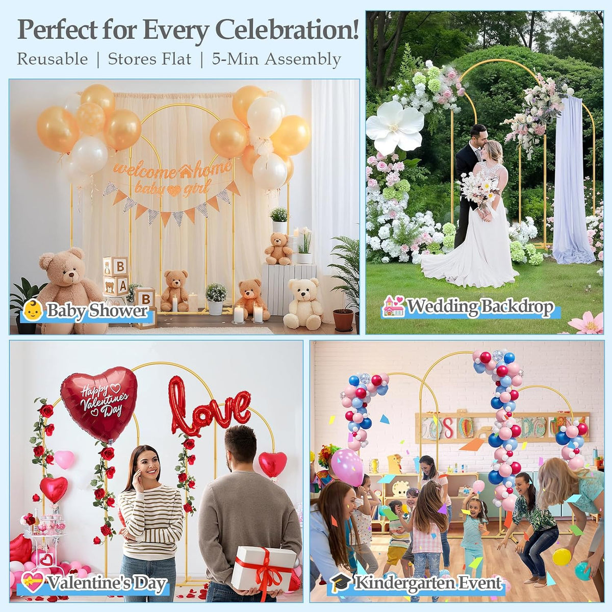 6ft,5ft,4ft balloon arch stand kit with base set showing dimensions