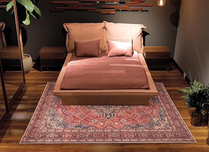 Bloom Rugs Washable Non-Slip 2' x 3' Rug - Red/Teal Blue/Yellow Traditional Medallion Area Rug for Living Room, Bedroom, Dining Room, and Kitchen - Exact Size: 2' x 3'