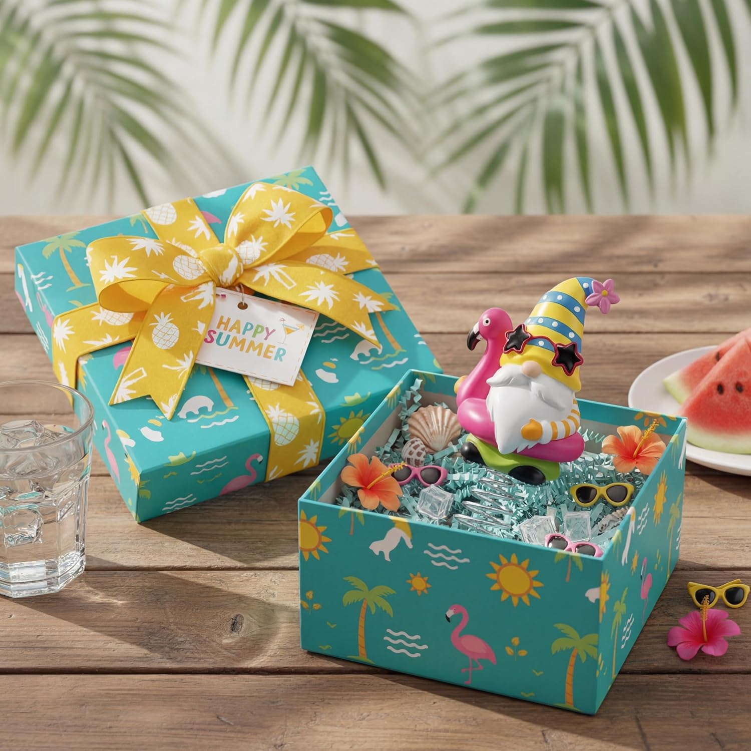Gejoy Summer Flamingo Gnome Mini Tree Topper 5.1 Inch Tropical Beach Gnome with Spring Base, Mini Summer Tree Top Decorations for Luau Hawaiian Party Tiered Tray Tabletop Decor