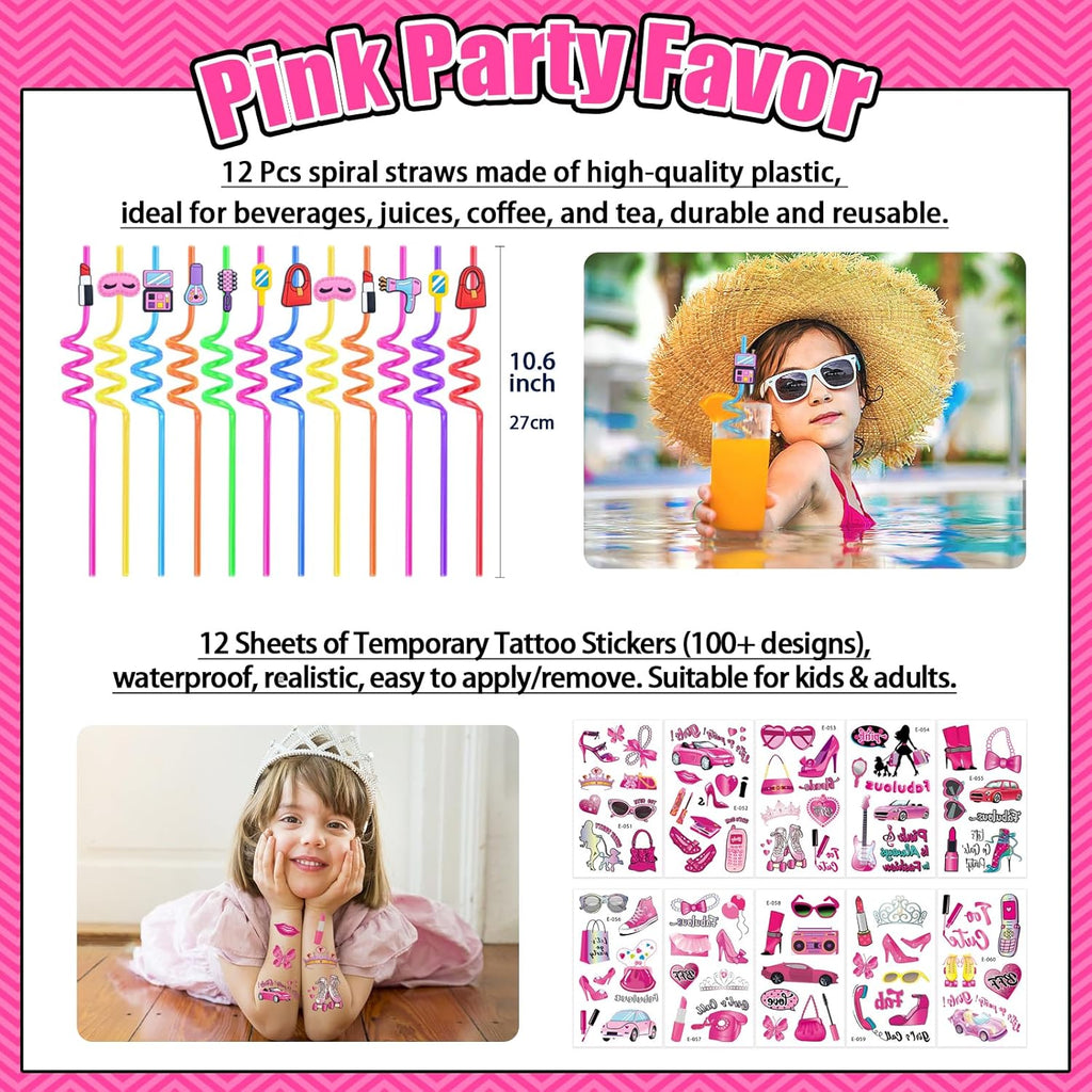 184Pcs Pink Girls Party Favors Pack - For 12Guests, Includ Goodie Box Heart Glasses Straws Bubble Wands Tattoo Sticker Bracelet Keychain, for Kids Girls Birthday Party Decoration Supplies
