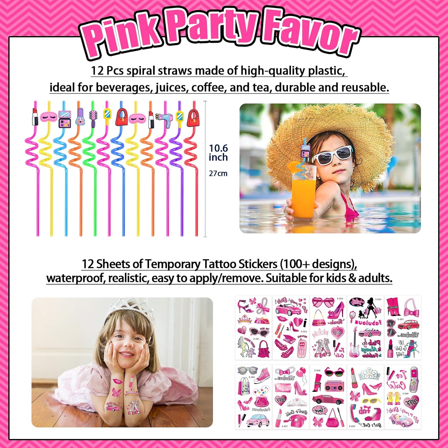 184Pcs Pink Girls Party Favors Pack - For 12Guests, Includ Goodie Box Heart Glasses Straws Bubble Wands Tattoo Sticker Bracelet Keychain, for Kids Girls Birthday Party Decoration Supplies