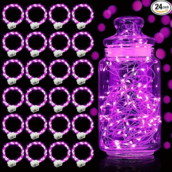 Aogist 24 Pack Fairy Lights 3 Modes 7ft 20 LED Waterproof,Battery Operated Silver Wire Firefly Starry Moon Mini String Lights for Mason Jars Christmas DIY Crafts Wedding Party Bedroom,Pink