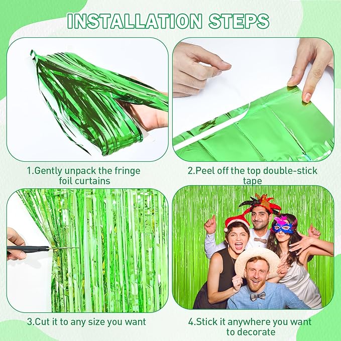 Grass Green Foil Fringe Curtain Backdrop, 2Pack Metallic Tinsel Fringe Curtain Streamers Photo Backdrop for St Patricks Day Football Decorations, Birthday Christmas Tropical Party Decor Door Streamers
