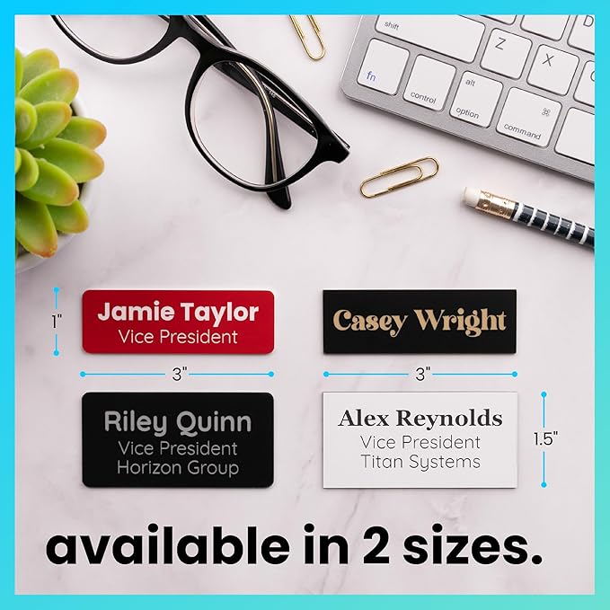 ExcelMark Custom Name Tag - Engraved Name Badge with Pin or Magnetic Backing, 16 Colors, 6 Fonts, and 2 Sizes to Choose from (Red w/White Letters, 1.5"x 3")