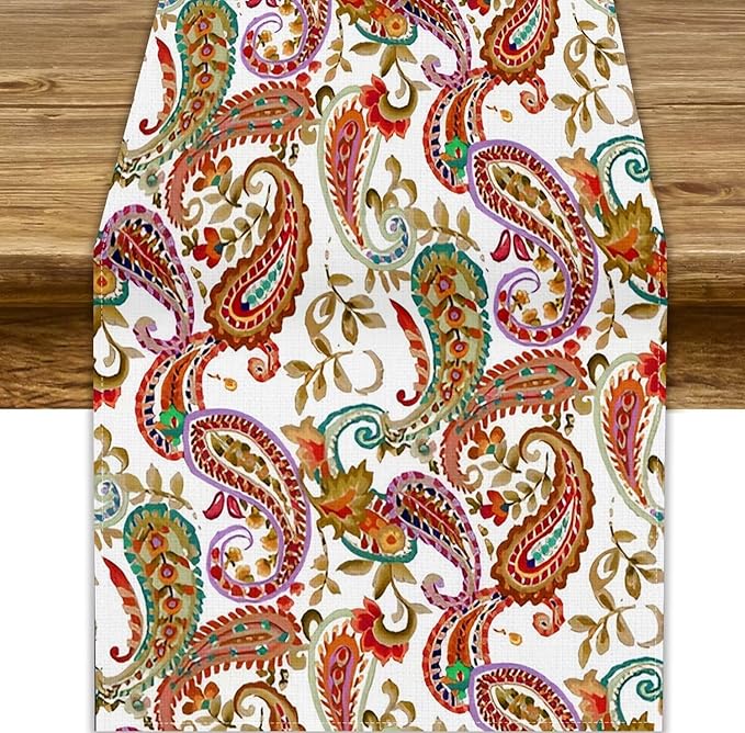 Colorful Paisley Table Runner, Boho Vintage Pink Red Teal Floral Leaves Print Table Runner for Home Kitchen Dining Table Holiday Party Decor, 13x90inch
