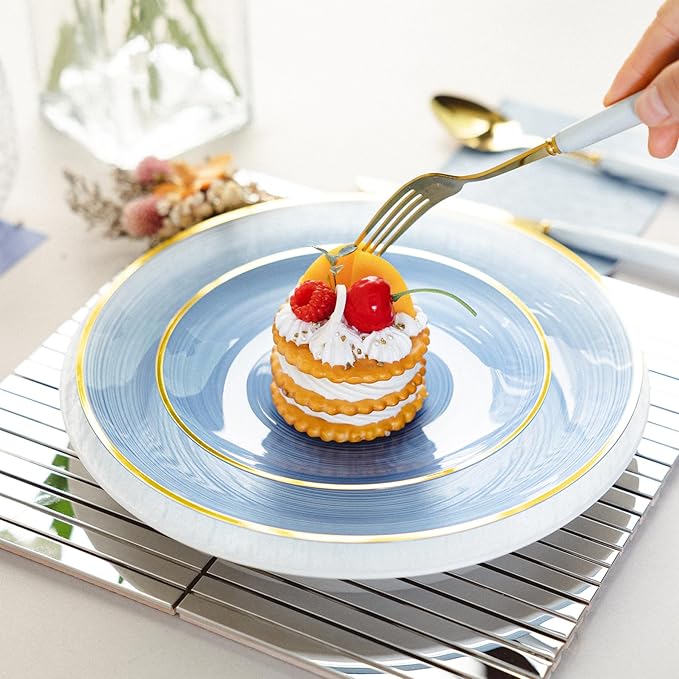 100PCS Transparent Blue Gold Plastic Plates, 7 Inch Heavy Duty Disposable Dessert Plate with Gold Rim, Round Appetizer/Salad Plates for Wedding, Party, Camping, Picnic