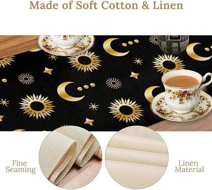 Magic Gold Sun Moon Stars Table Runner Mystical Farmhouse Rustic TableRunner for Party Holiday Dining Room Kitchen 13x90 Inch