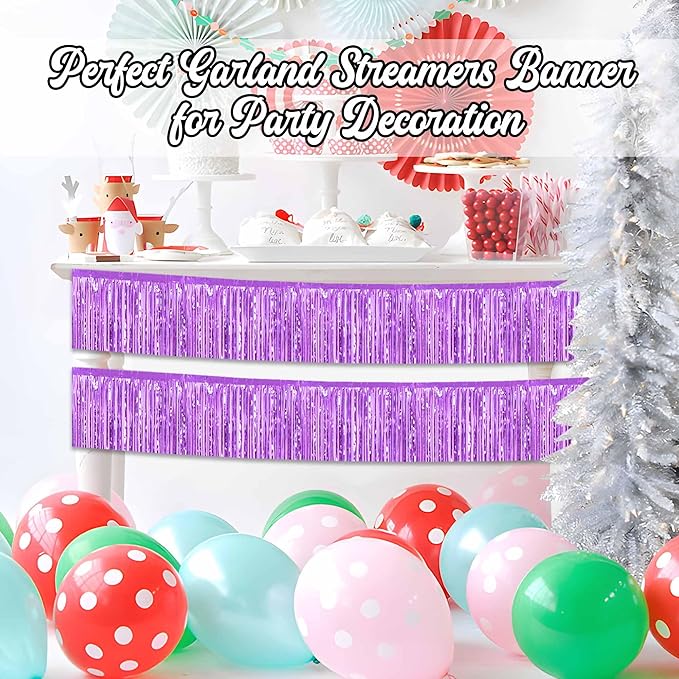 4 Pack 10 Ft Light Purple Foil Fringe Garland Metallic Streamers Tinsel Banner Wall Hanging Garland Backdrop for Parade Floats, Halloween, Christmas, Thanksgiving, New Year Party Decorations