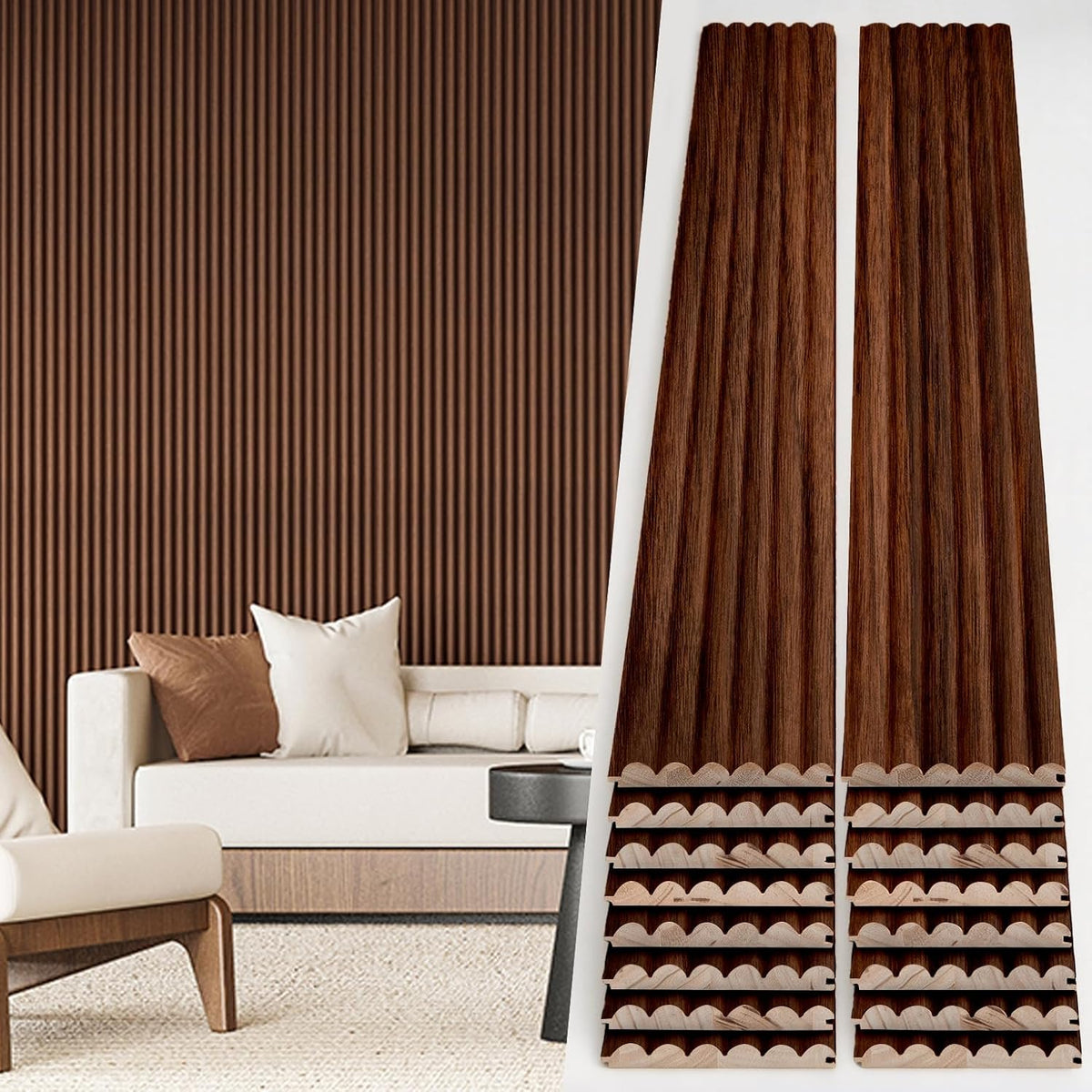 Art3d 108 x 5.7 in Fluted Wood Wall Paneling for Home Decor, Beaded Walnut