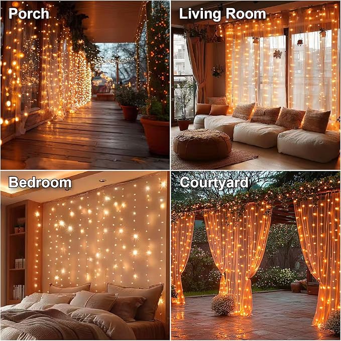 HXWEIYE 300LED Fairy Curtain Lights, 9.8x9.8Ft USB Plug-in 8 Modes Christmas String Hanging Lights with Remote for Bedroom Backdrop Wedding Party Indoor Wall Decor, Orange