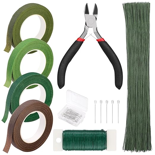 Floral Tape and Wire, Green Floral Tape, Arrangement Tools Kit with Wire Cutter, 22 Guage Paddle Wire 26 Gauge Flower Wire Set, Boutonniere Pin for Bouquets, Crafts, Wrap Florist