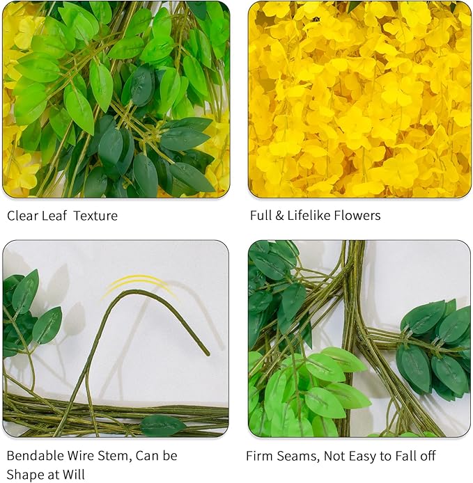 Wisteria Hanging Flowers 12 Pack Wisteria Artificial Flowers Fake Silk Flowers String Vine Ratta Hanging Garland for Home Garden Party Wedding Backdrop Arch Decor (Yellow)