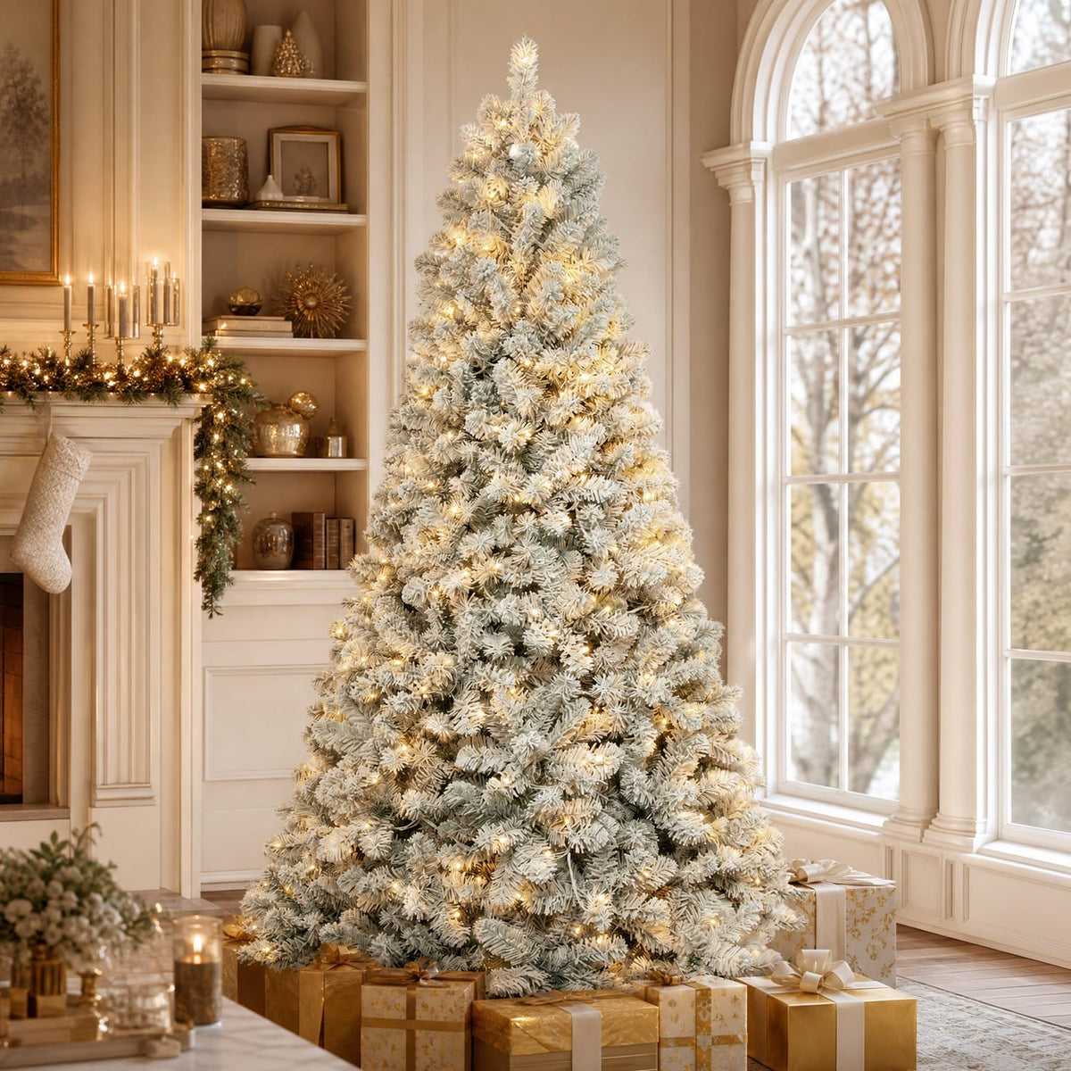 Hykolity 6 ft Prelit Snow Flocked Christmas Tree with 200 Warm White LEDs
