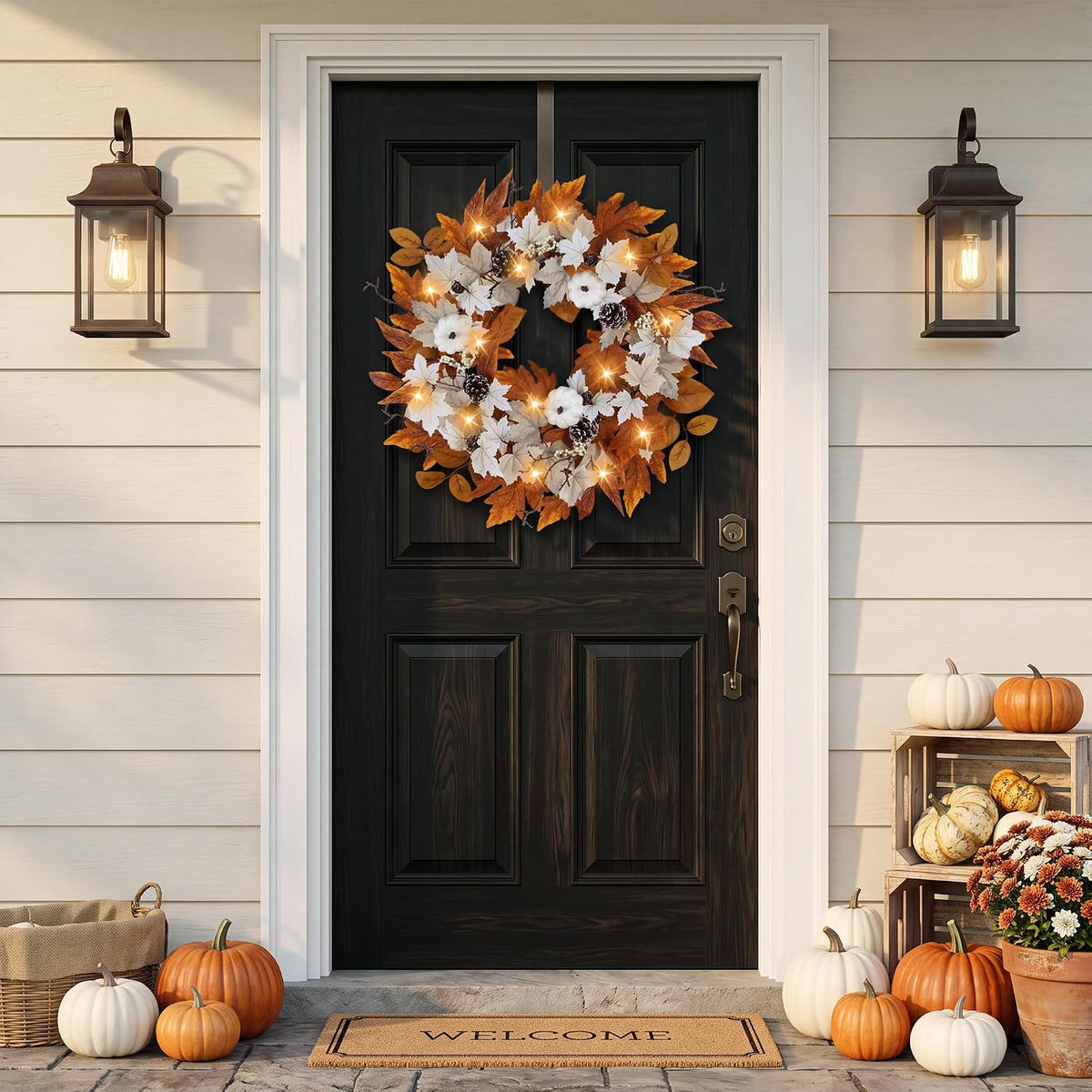 Fall Wreaths for Front Door Outside Autumn Wreath with Lights Berries Pine Co...