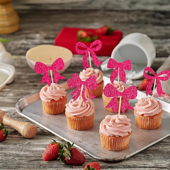 Gyufise 36Pcs Bow Cupcake Toppers Glitter Bowknot Cupcake Picks Bow Tie Birthday Decorations Princess Bow Cupcake Decorations for Bowknot Theme Baby Shower Birthday Party Supplies Rose Red