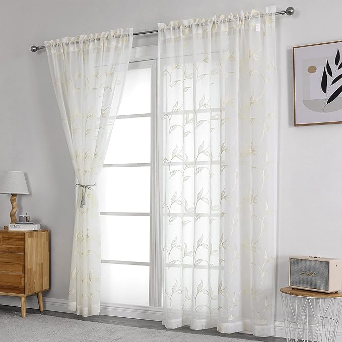 VISIONTEX Sheer Curtains 63 inch Length 2 Panels Set, White Voile Crushed Cream Vine Leaves Embroidery, Rod Pocket Embroidered Window Drapes for Living Room and Bedroom, 54" x 63"