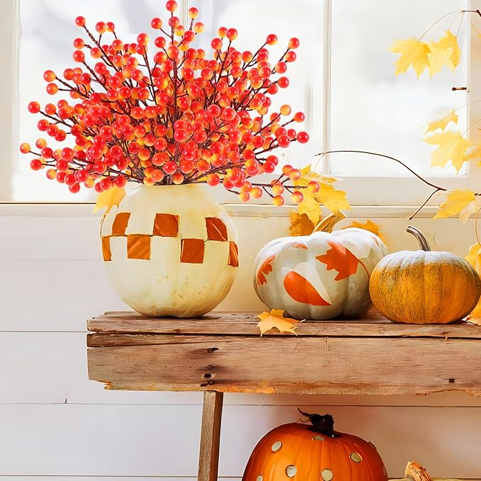 40 Pcs Artificial Berry Stems Branches, Fall Halloween Faux Holly Berries Picks and Sprays Ornaments for Thanksgiving Wreath DIY Craft Decorations Holiday Home Decor (40, Orange)