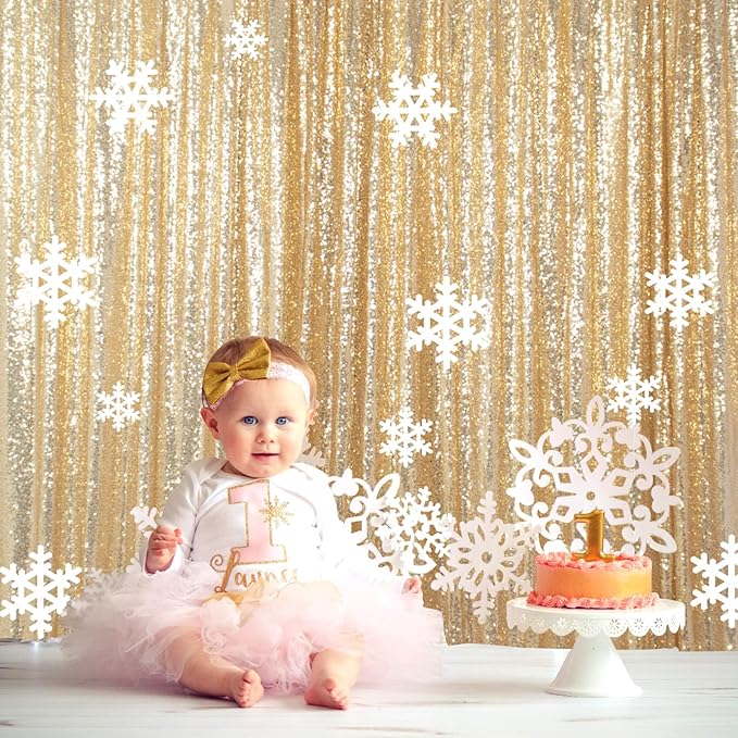 ShinyBeauty Sequin Backdrop - 8ft x 10ft Light Gold Sequin Fabric Drapes Sparkle Background for Photoshoot and Birthday Party