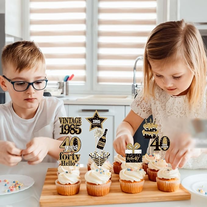 36PCS Happy 40th Birthday Cupcake Toppers Double Sided Black Gold Forty Hello 40 Vintage 1985 Cupcake Picks Cheers to 40 Years 40 Fabulous Cake Decorations for 40th Birthday Party Supplies