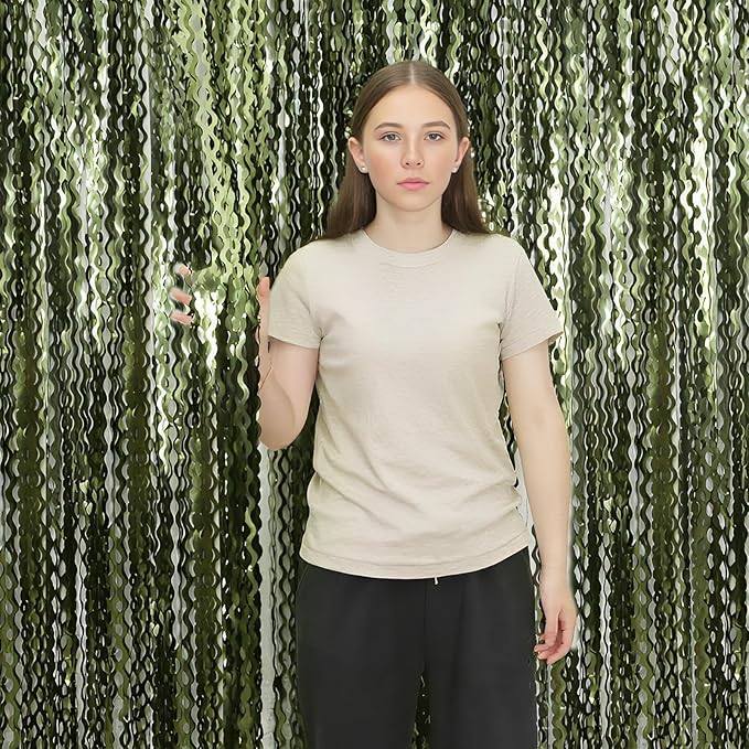 4 Pack Wavy Olive Green Streamers Backdrop Jungle Party Decorations - 3.3x6.6ft Foil Fringe Curtains Photo Booth for Dinosaur Animal St Patrick's Day Football Decor