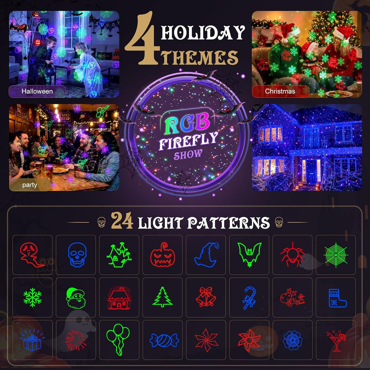 Christmas Laser Lights Outdoor, 2-in-1 Firefly Projector with 4 HD Slides