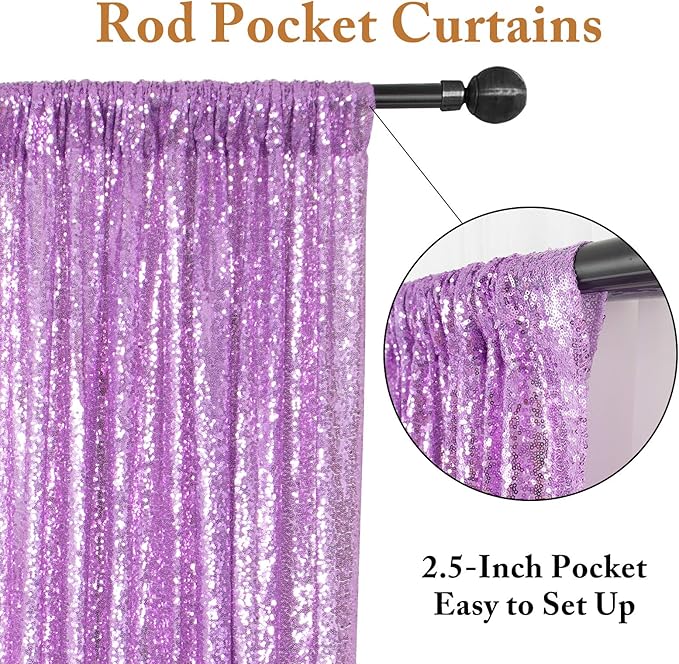 ShinyBeauty Sequin Curtains 4 Panels Lavender Sequin Backdrop Photo Backdrops Shimmer Background Party Decor Glitter Fabric Light Purple Curtain for Baby Shower(2FTx8FT)
