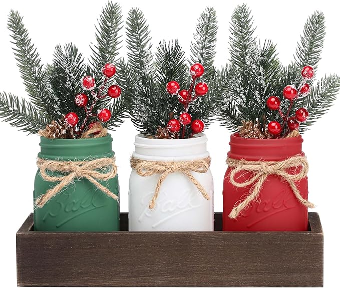 Winter Mason Jars, Winter Centerpieces for Tables, Wood Tray & 3 Painted Decorative Jars, Christmas Table Centerpieces Decoration, Farmhouse Dining Table Kitchen Decorations Home Decor