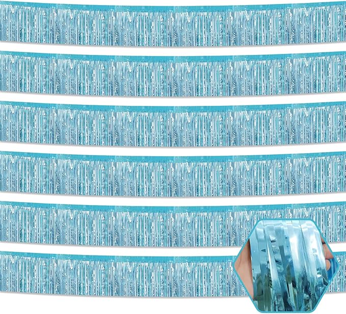 6 Pack 10 Feet Light Blue Foil Fringe Garland Metallic Tinsel Streamers Banner Wall Hanging Curtain Backdrop for Parade Floats, Birthday, Graduate, Mother's Day, Wedding Party Decoration