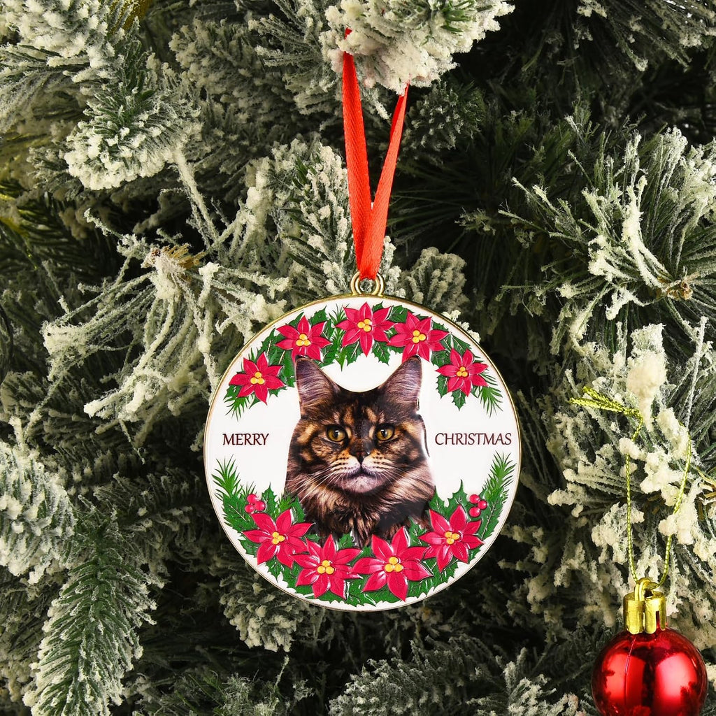 Maine Coon Christmas Ornament, 3D Metal Xmas Gifts for Maine Coon Lovers | Round Cute Hanging Xmas Cat Ornament for Tree Holiday Decoration, Ideal Holiday Maine Coon Gifts for Family Friends