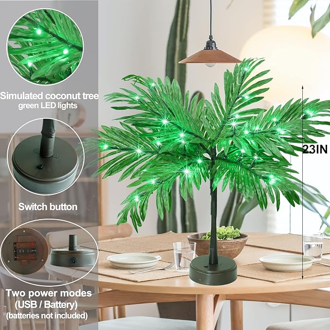 Luau Party Decorations Palm Tree with Lights, Lighted Palm Tree for Table Decor 23In Artificial Light Up Trees Green Table Centerpieces for Tropical Hawaiian Party Tiki Bar Home Summer Decor