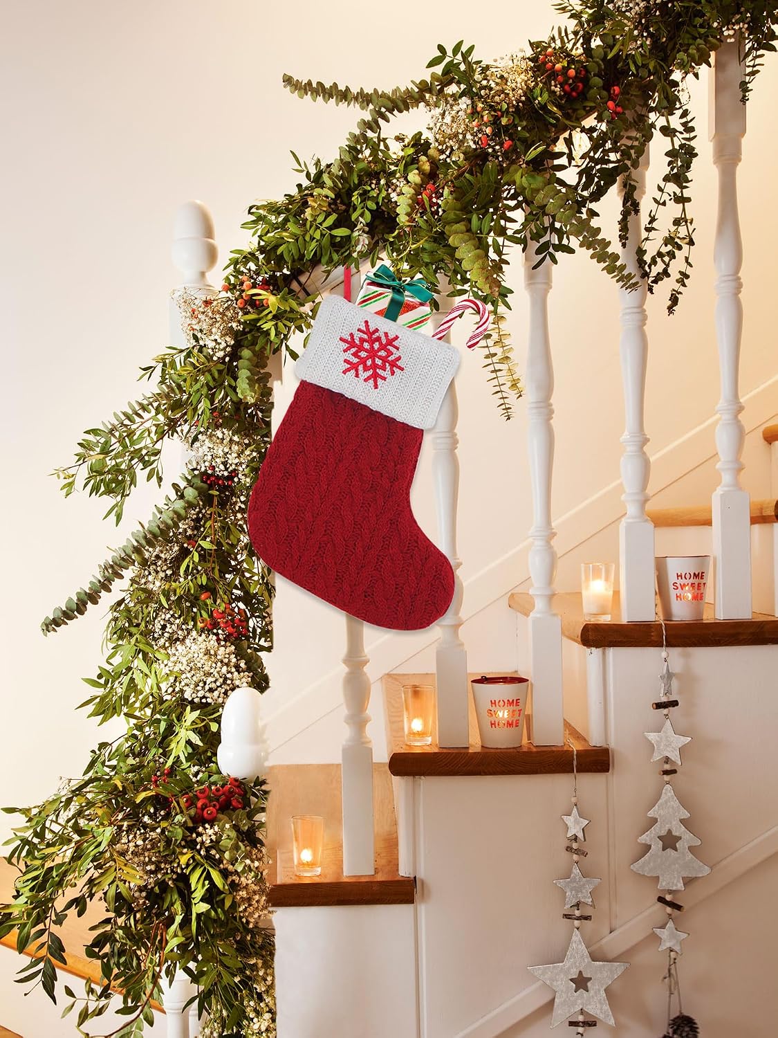 Estivaux Mini Christmas Stockings Xmas Fireplace Hanging Stockings Burgundy Red Knit Stocking Winter Snowflake Stockings Gift Holding Bag for Home Christmas Decorations Party Favor Supplies