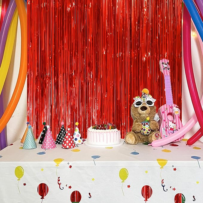 2 Pack Red Tinsel Foil Fringe Curtains, Red Party Decorations, Metallic Tinsel Party Streamers Backdrop for Birthday Red Carpet Christmas Graduation Carnival Valentine's Party Decorations
