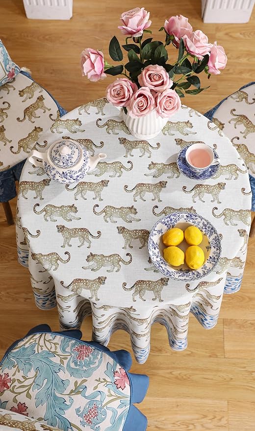 patdrea Designer Leopard Animal Linen Round Table Cloth,Soft Breathable Anti-Wrinkle Tablecloth,Decoration Table Cover for Kitchen Dining,Holiday Christmas,Thanksgiving,Party,Diameter 55"-from