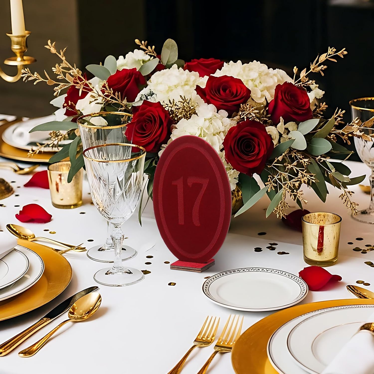 Yookeer Wedding Velvet Table Numbers 1-20 Wood Wedding Bar Sign with Stand Burgundy Oval Table Numbers for Reception Wooden Tables Markers for Anniversary, Event, Party